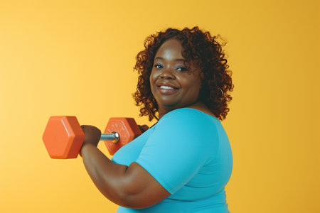 Young happy chubby overweight plus size big fat fit African American woman wear blue top warm up training hold in hand dumbbell look camera isolated on plain yellow background studio home gym. Workout sport concept.の素材