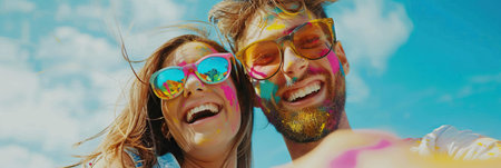Colorful and happy couple enjoying Holi festival togetherの素材