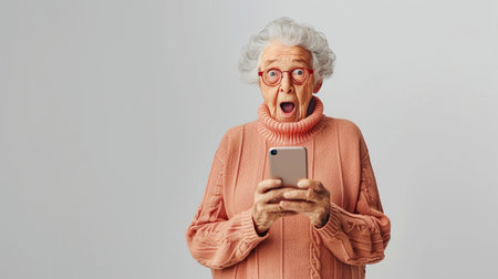 Banner cute surprised fun old woman pensioner at home in on a plain background with a smartphone in her hands looking at smartphoneの素材