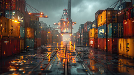 A Cargo containers stacked in a port. The containers are used for shipping, transportation, and logistics in various industries. They are stacked using cranes and stored in warehouses before being transported by truck or ship.の素材