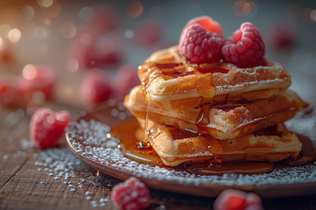 Beautifully Heart-shaped waffles drizzled with syrup on the wood background.の素材