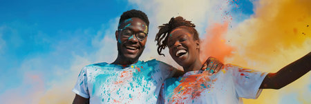 Colorful and happy African American couple enjoying Holi festival togetherの素材