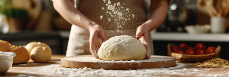 A person in a white apron holds fresh dough on a floured wooden surface. Baking process in a home kitchen. Banner. copy space.の素材