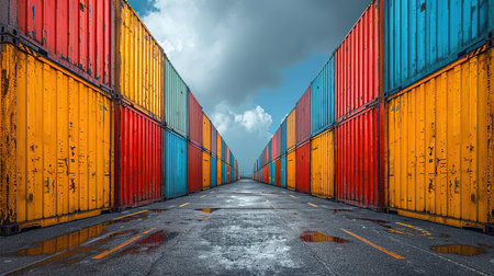 A Cargo containers stacked in a port. The containers are used for shipping, transportation, and logistics in various industries. They are stacked using cranes and stored in warehouses before being transported by truck or ship.の素材