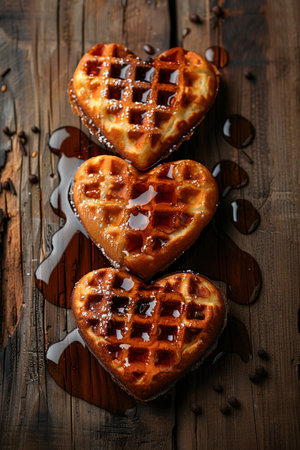 Beautifully Heart-shaped waffles drizzled with syrup on the wood background.の素材