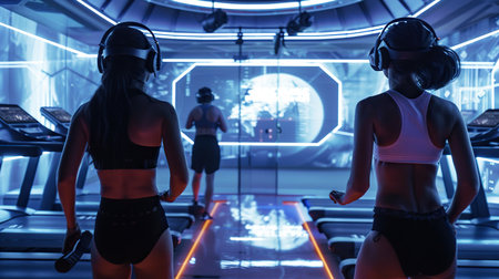 A virtual reality fitness center where individuals participate in interactive, immersive workout programs in futuristic environmentsの素材