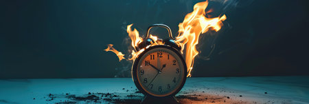 Burning alarm clock. Time out or deadline pressure concept. Clock on fire, symbol of hot sale, discounts, shopping time, countdown. Oversleep, waste of time, insomnia. Time is ending, running out.の素材