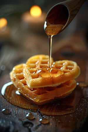 Beautifully Heart-shaped waffles drizzled with syrup on the wood background.の素材