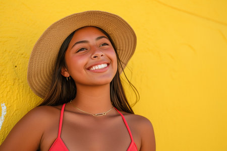 Close up portrait of Latin American girl in a red swimsuit and a brimmed hat standing in profile with a broad smile isolated on yellow backgroundの素材