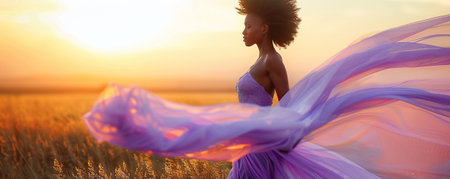 Portrait African American Woman in Lavender waving dress with flying fabric.の素材