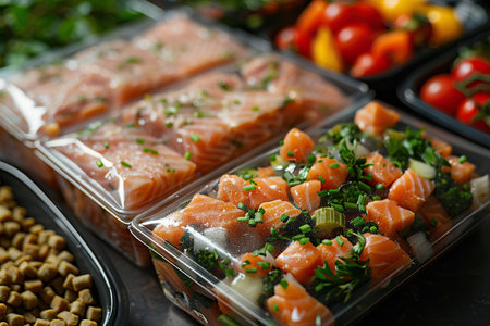 sealed plastic bag of dog food made from steamed salmon and vegetables, shot from above, healthy dog food