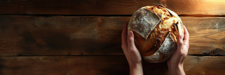 Hands holding freshly baked bread above wooden table, showing homemade artisan sourdough with flour-dusted crust in natural light. Banner. Copy spaceの素材