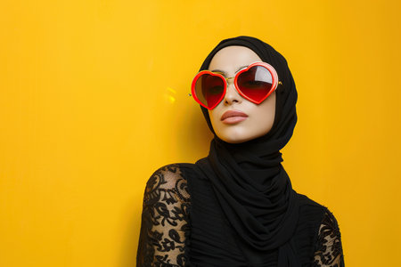 Studio portrait of a cool young Arabic woman posing wearing heart shaped love sunglasseの素材