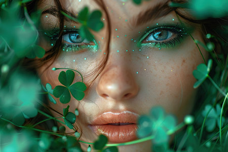 Lively scene featuring a girl with vivid green makeup amidst a sea of clovers on sent Patrick's day. Depict the vibrant celebration and joy of the festive occasionの素材