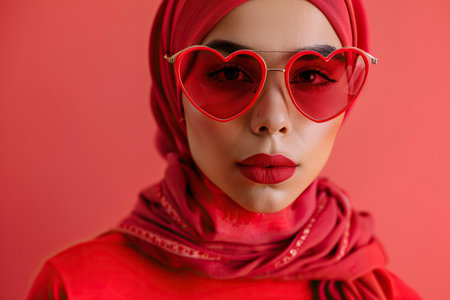 Studio portrait of a cool young Arabic woman posing wearing heart shaped love sunglasseの素材