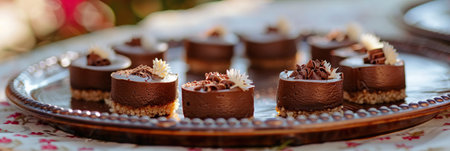 Series of mini chocolate mousse cakes displayed on a tablecloth.の素材