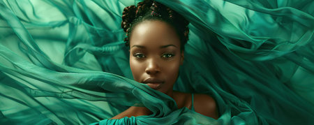 Portrait African American Woman in Emerald waving dress with flying fabric.の素材