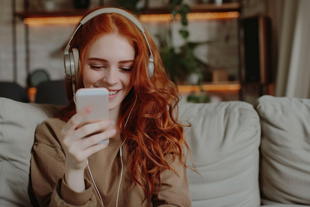 Happy young redhead woman in brown shirt and using a mobile phone, listening to favorite songs, audiobooks, podcasts on headphones while sitting on a couch at homeの素材