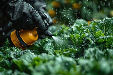 Farmer spraying vegetable green plants in the garden with herbicides, pesticides or insecticidesの素材
