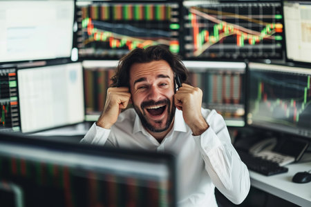 Joyful expert speaking cell in finance office. Happy stock market manager enjoyの素材