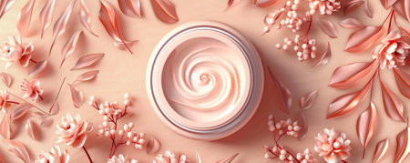 Top View of Herbal Extract Moisturizer Cream Jar with Organic Natural Ingredients. Leafy Background in peach fuzz colorの素材