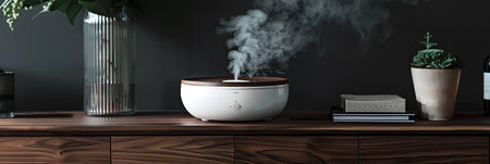 Fragrant white humidifier atop dark walnut furniture.の素材
