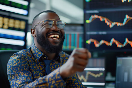 Joyful expert speaking cell in finance office. Happy stock market manager enjoyの素材