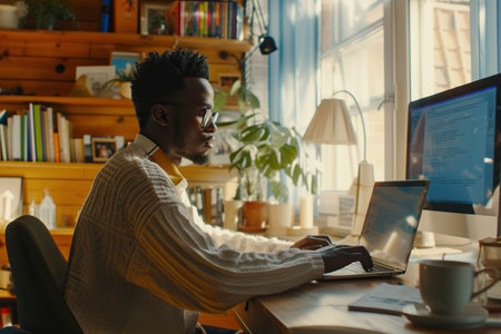 Black man, typing in home office and laptop for research in remote work, social media or blog in apartment. Freelance man at desk with computer writing email, website post and online chat in houseの素材
