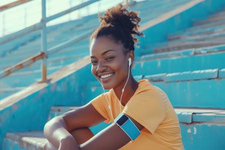 Sport female athlete during running training and jogging, smiling African American woman look a fitness smartwatch, wear earphones and smartphone to armband. Utilizing empty stadium stands and stairsの素材