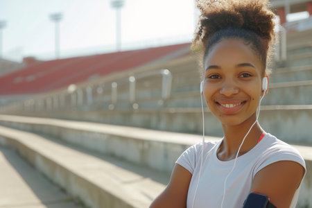 Sport female athlete during running training and jogging, smiling African American woman look a fitness smartwatch, wear earphones and smartphone to armband. Utilizing empty stadium stands and stairsの素材