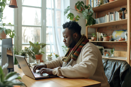 Black man, typing in home office and laptop for research in remote work, social media or blog in apartment. Freelance man at desk with computer writing email, website post and online chat in houseの素材