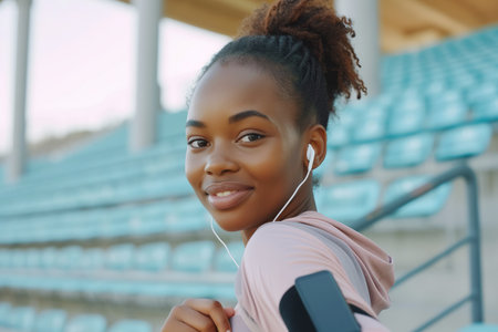 Sport female athlete during running training and jogging, smiling African American woman look a fitness smartwatch, wear earphones and smartphone to armband. Utilizing empty stadium stands and stairsの素材