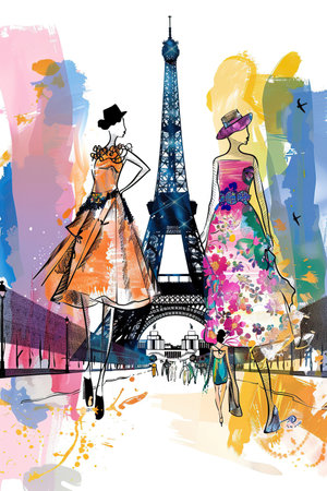 Creative illustration of the Eiffel tower in Paris in different fashion styles. postcardの素材