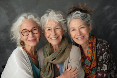 Portrait of happy three female senior friends in studio.の素材