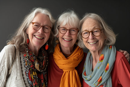 Portrait of happy three female senior friends in studio.の素材