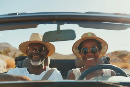 Happy black senior couple enjoying a summer vacation road trip in their car.の素材