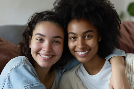 Two Happy young hug teenage making picture together, smiling teen girl sit on couch posing for photo, as best friendsの素材