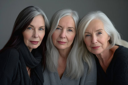 Studio portrait of three beautiful senior women with gray hairsの素材