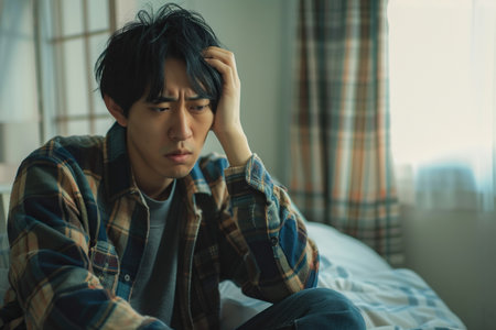 Unhappy Japanese man with headache sitting on bedの素材