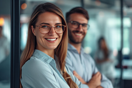 Happy smiling young business people in modern office workplace. Banner background with portrait of two satisfied successful colleagues, team leaders, teammates, business partners and friends at workの素材