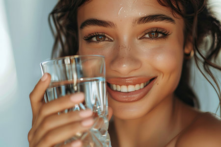 young beautiful woman holding a glass of water with a healthy smile and sparkling eyes, wearing light makeupの素材