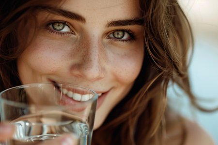 young beautiful woman holding a glass of water with a healthy smile and sparkling eyes, wearing light makeupの素材