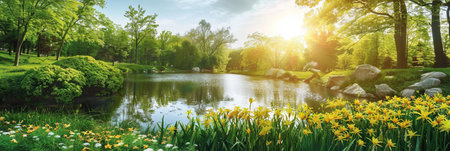 Yellow flowers bloom beautifully amidst white, creating a picturesque scene with abundant greenery and a radiant sunの素材