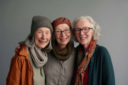 Portrait of happy three senior friends in studio.の素材