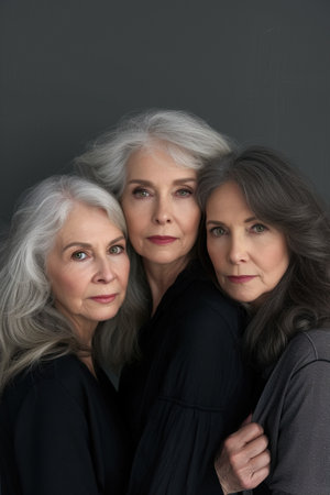 Studio portrait of three beautiful senior women with gray hairsの素材