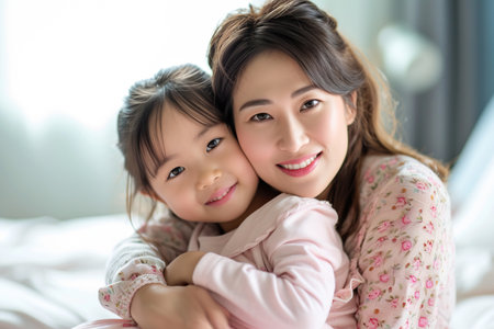 Japanese woman and her little daughter hugging in bedroomの素材