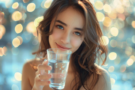 young beautiful woman holding a glass of water with a healthy smile and sparkling eyes, wearing light makeupの素材