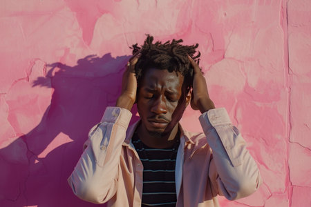 Young tired African American man holding head suffering from headache on early morning against pink kinfolk wall backgroundの素材