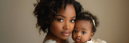 Young African American mother embracing her baby tenderly, both looking towards the camera with soft, natural lighting and a neutral backgroundの素材