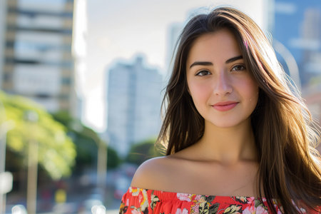 Beautiful Latin American woman on the city backgroundの素材